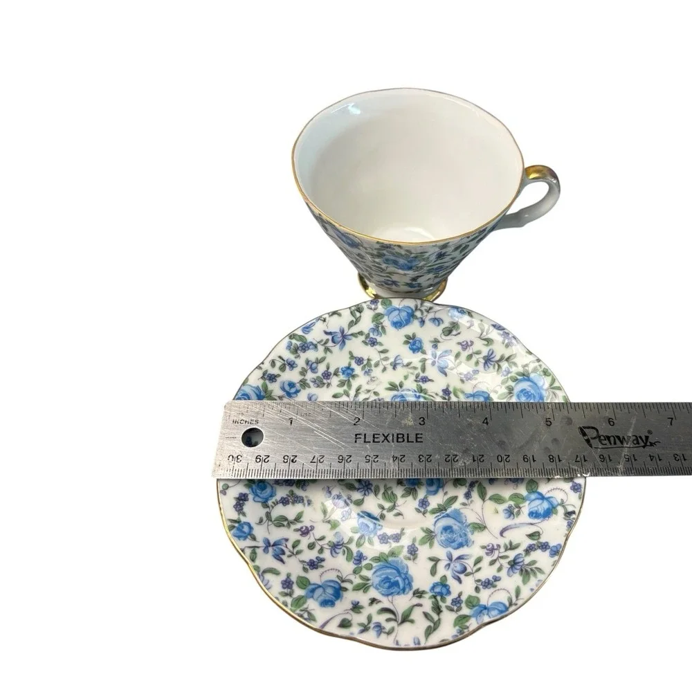 Vintage Lefton China Blue Chintz Floral Teacup & Saucer Set Gold Trim